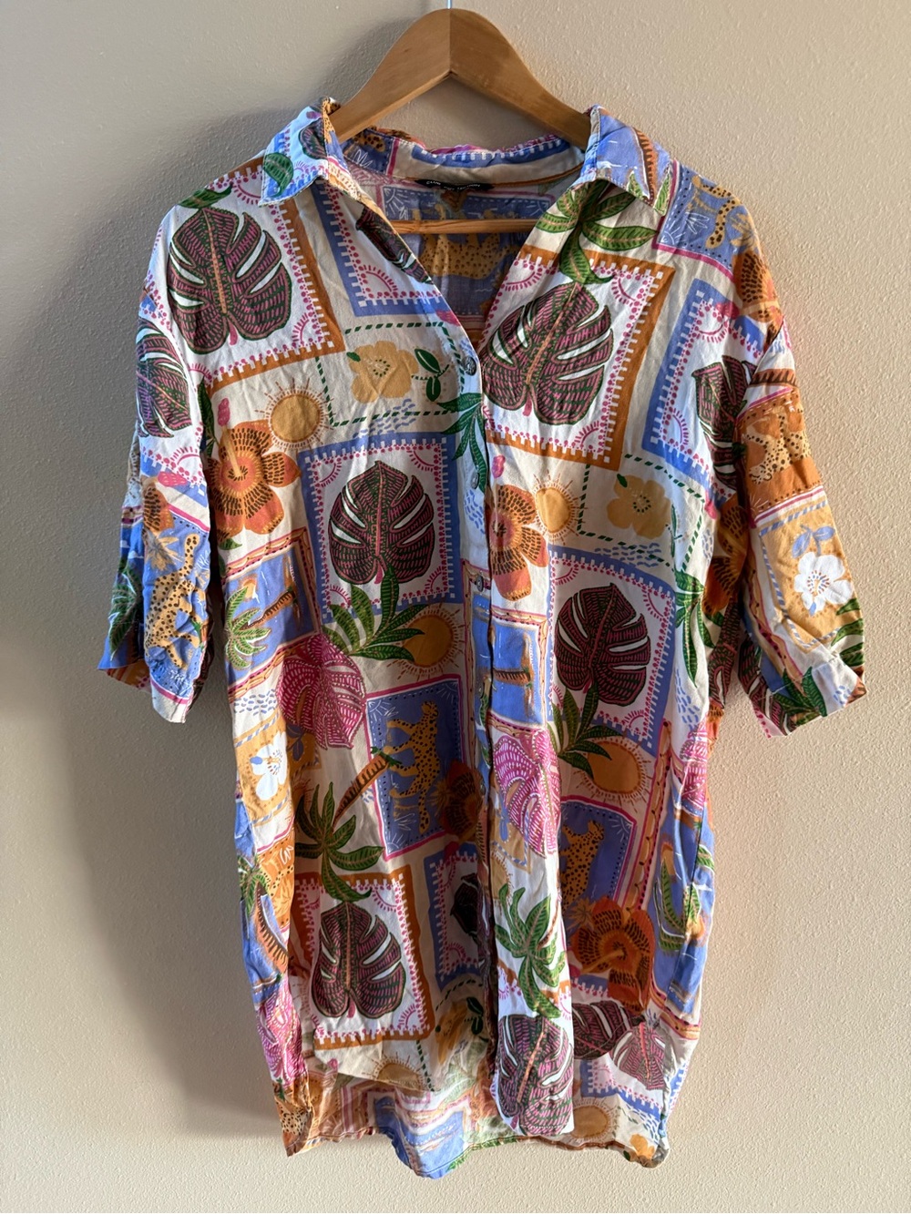Womens Tropical Print Short-Sleeve Button Up Swim Cover